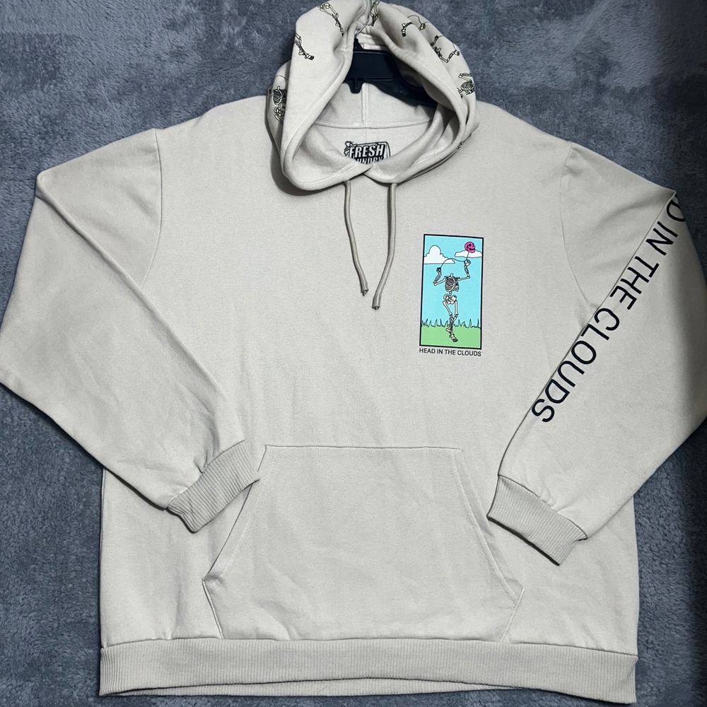 Fresh Laundry Hoodie Mens 2XL Tan‎ Head In The Clouds Skeleton Graphic Pullover